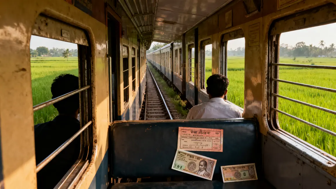 train indien voyageurs fenêtres rizières billets