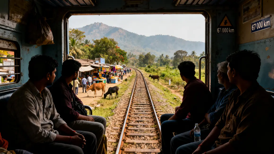 train en Inde wagon traversant paysage verdoyant
