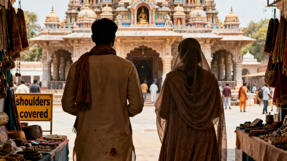 silhouettes en kurta et robe longue devant temple indien