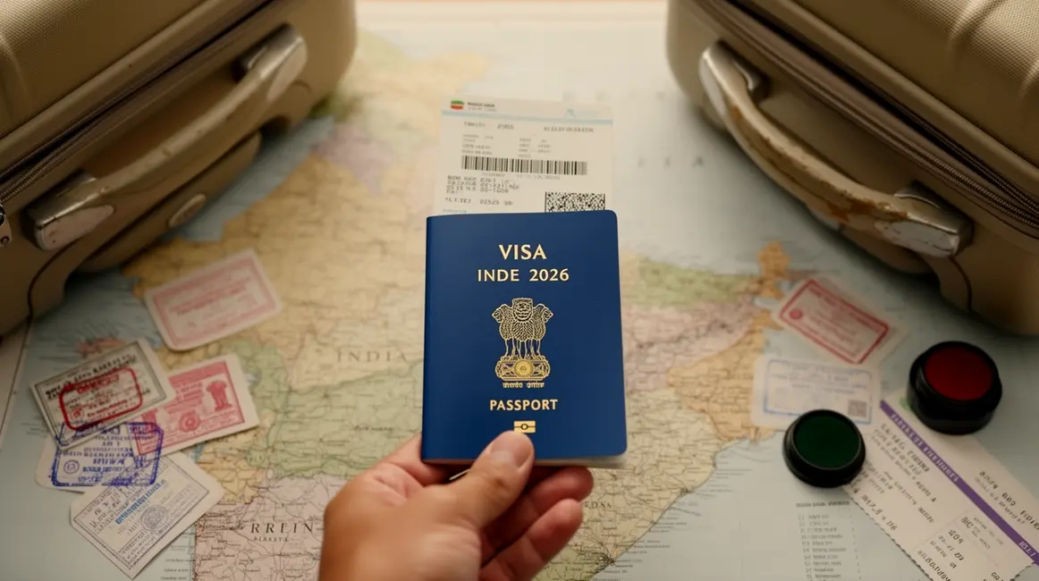 visa Inde 2026 sur passeport avec carte et valises