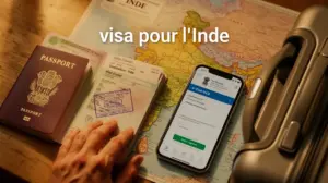 Visa Inde avec passeport billet avion et valise