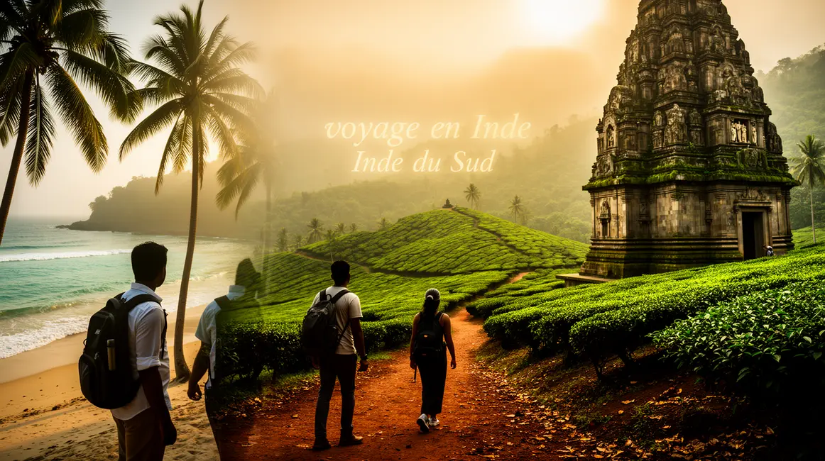 Scène de plages plantations thé temples Inde du Sud