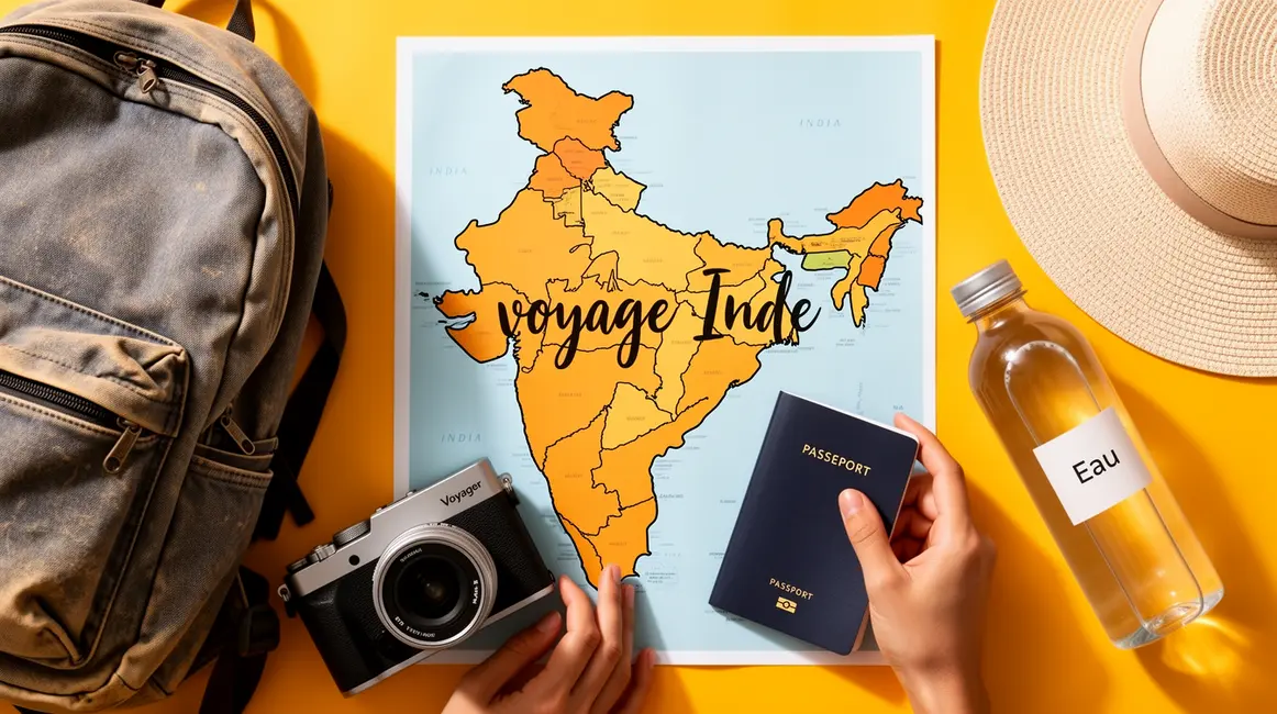 voyage Inde carte stylisée objets préparation