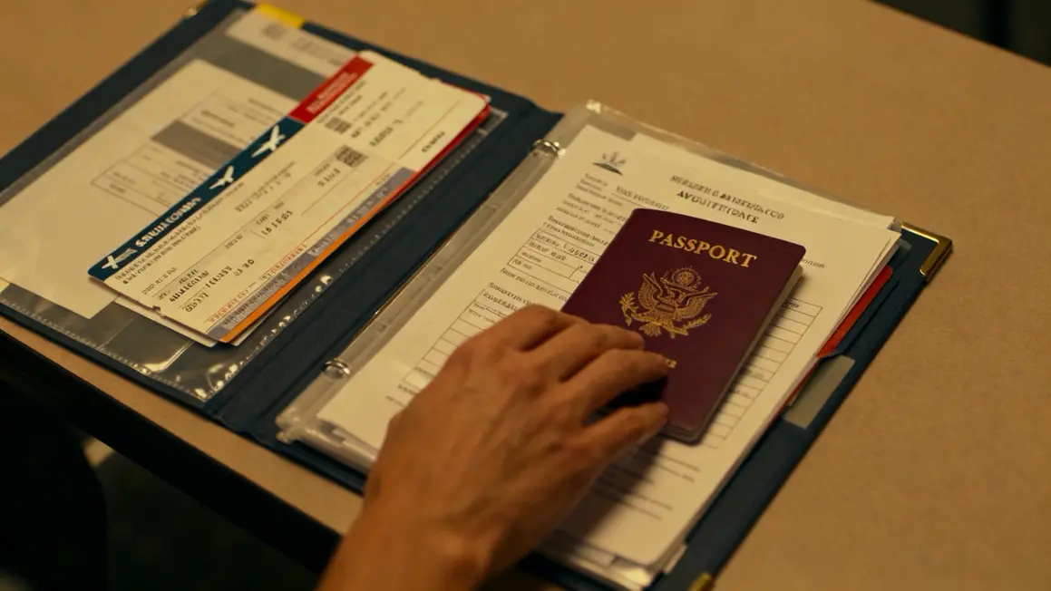 Passeport, visa Inde, billets, pochette securite alignes sur table