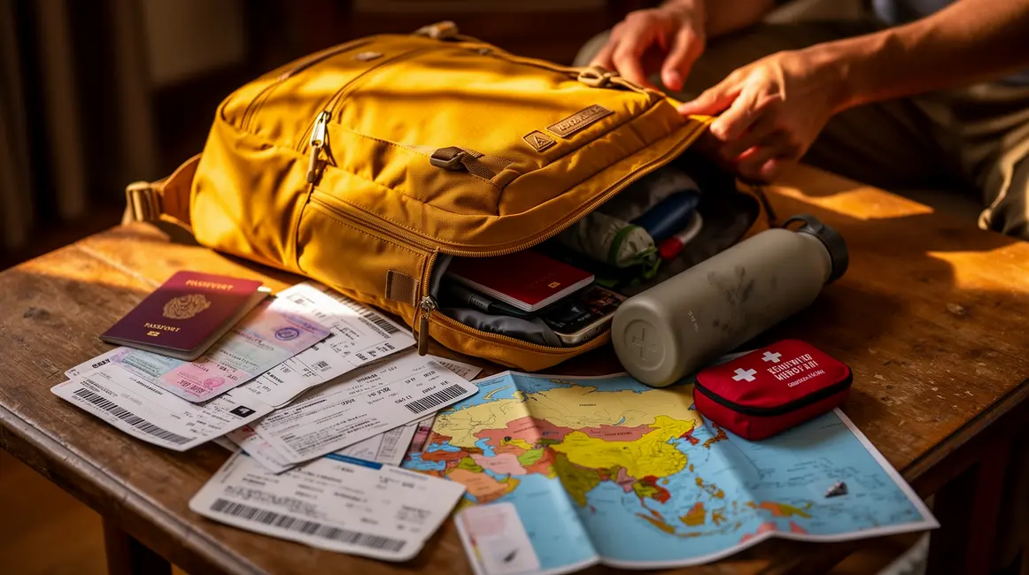 Sac a dos voyage Inde avec papiers, carte, trousse sante