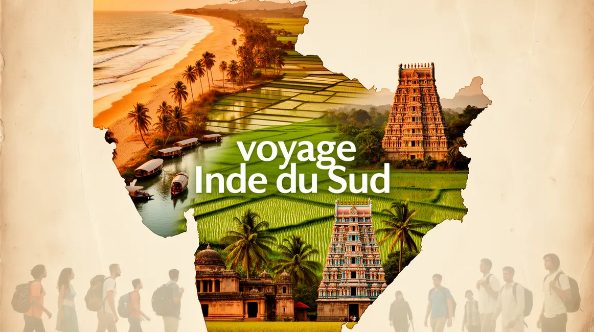 Carte stylisée Inde du Sud avec plages, rizières, backwaters et temples dravidiens