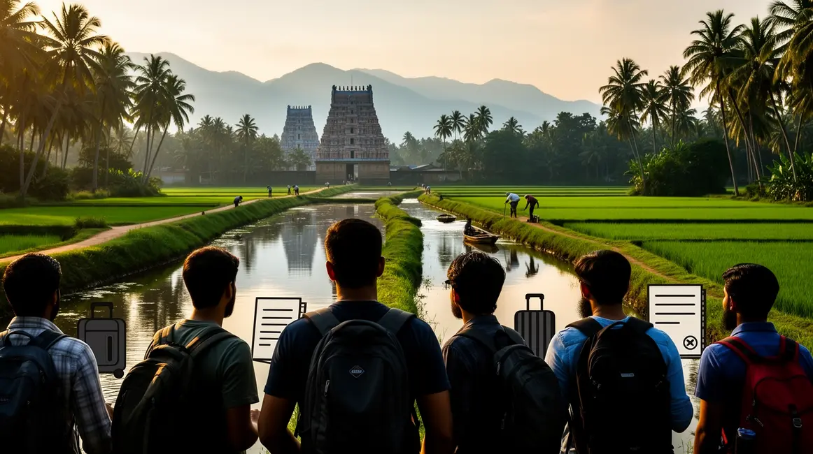 voyage Inde du Sud silhouettes temples palmiers riziere