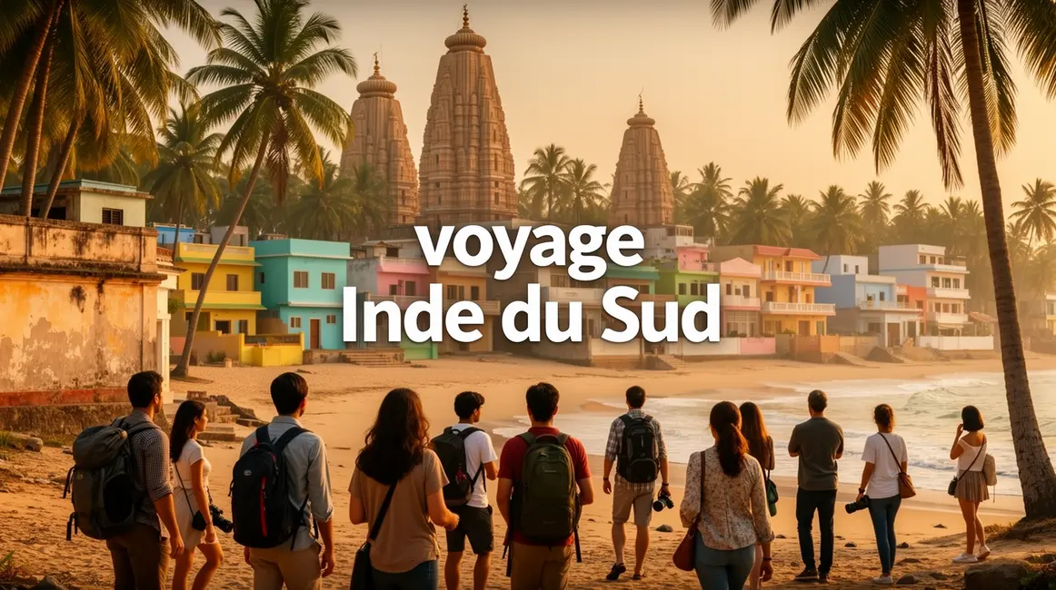 Illustration groupe voyageurs Inde du Sud paysage temples plages