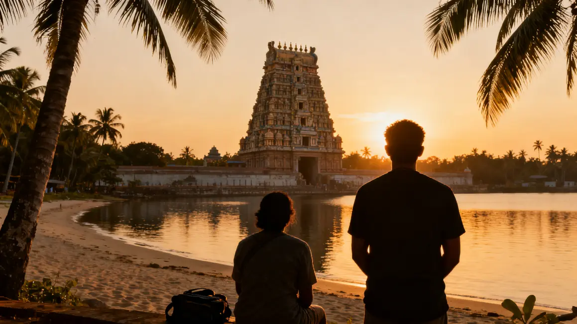 Plage cocotiers backwaters temples dravidiens Inde du Sud