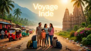 image famille sur route indienne avec paysages et valises