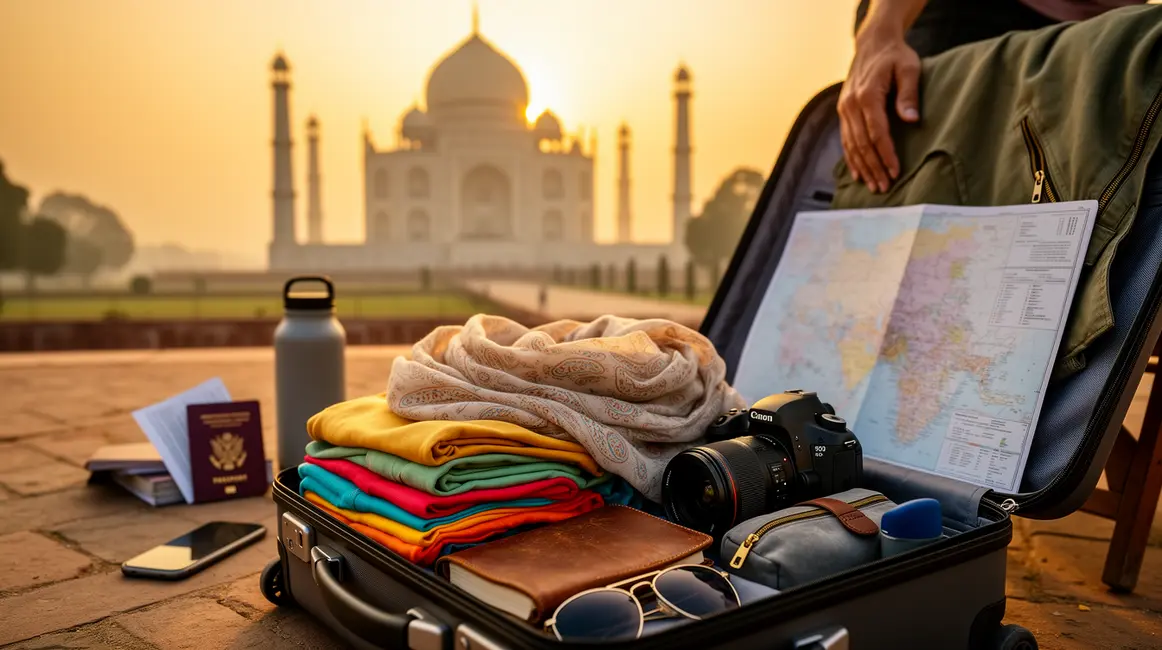 valise voyage Inde devant Taj Mahal guide preparation