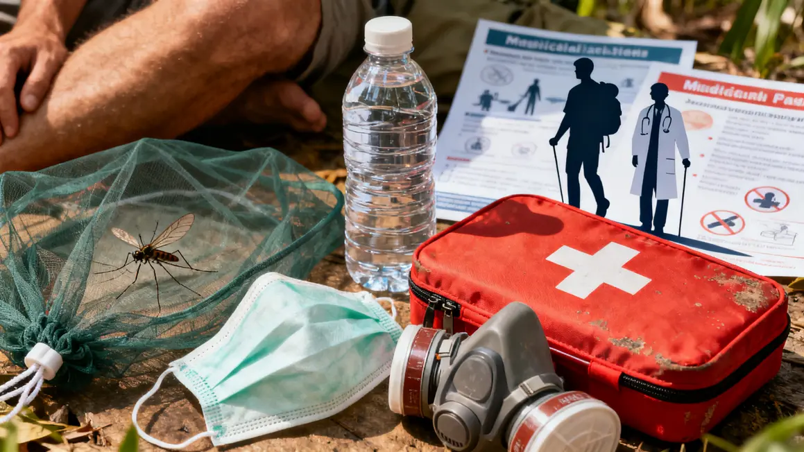 trousse secours bouteille eau moustiquaire masque voyageur medecin