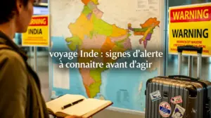 voyageur stylise devant carte inde panneaux avertissement