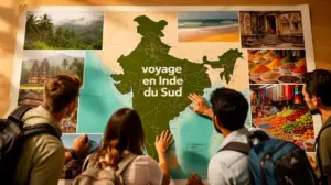 Carte Inde du Sud stylisée avec temples, plages, marchés, voyageurs