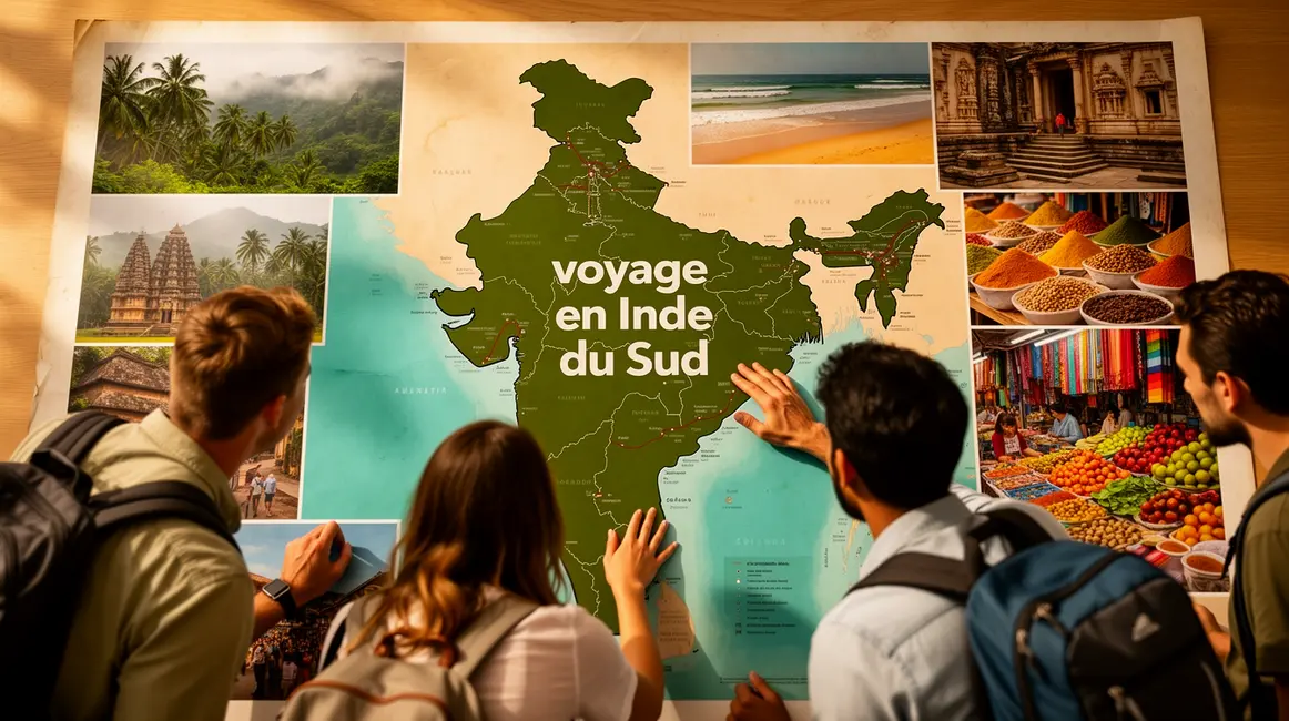 Carte Inde du Sud stylisée avec temples, plages, marchés, voyageurs