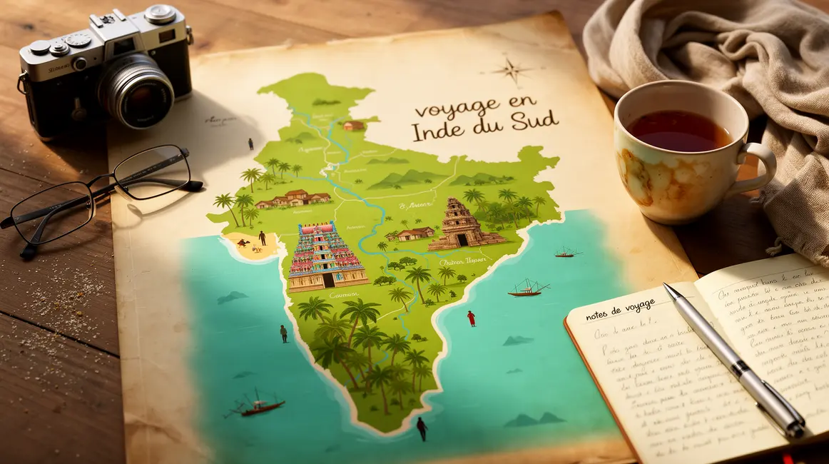 Carte Inde du Sud avec paysages et temples