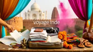 Valise ouverte et accessoires voyage Inde checklist