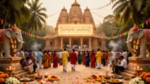 Panorama temple indien fideles offrandes statues
