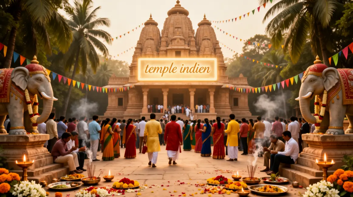 Panorama temple indien fideles offrandes statues