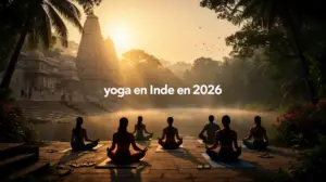 Groupe pratiquant le yoga au lever du soleil près d'une rivière indienne, temples en fond.