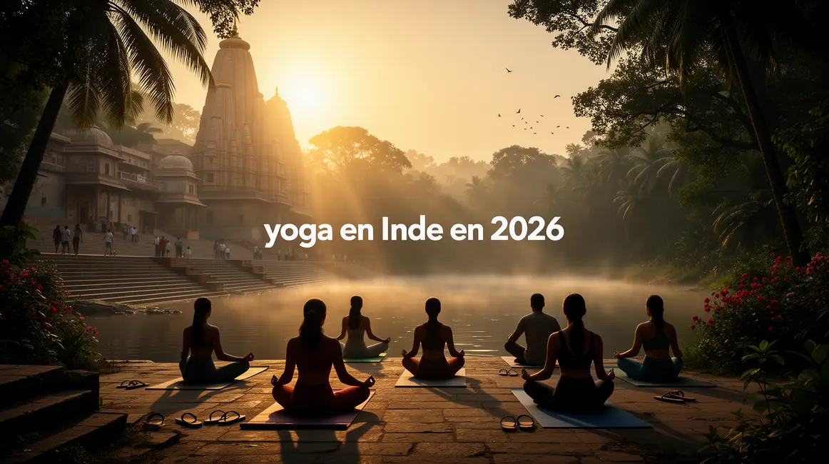 Groupe pratiquant le yoga au lever du soleil près d'une rivière indienne, temples en fond.