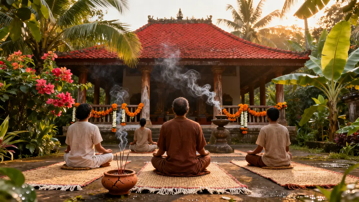Groupe yoga Inde ashram méditation extérieur