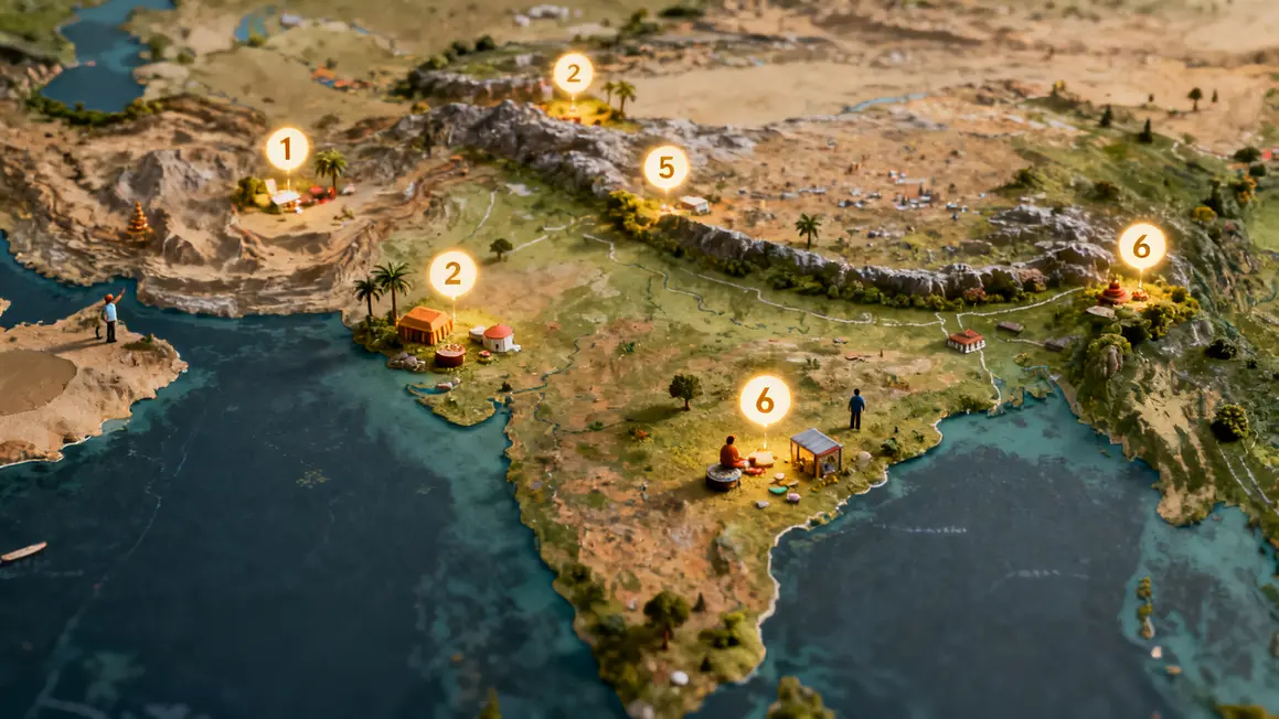 भारत में योगा गंतव्यों पर चमकदार अंक के साथ नक्शा
