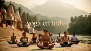 groupe yoga Inde devant Gange temples montagne
