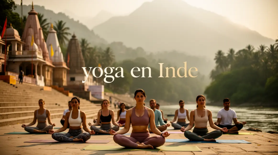 groupe yoga Inde devant Gange temples montagne