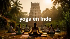 groupe pratiquant yoga en Inde devant temple