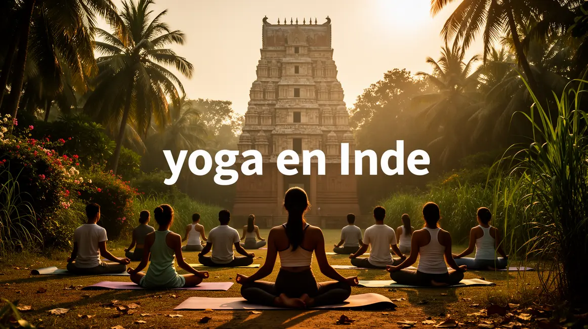 groupe pratiquant yoga en Inde devant temple