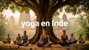 scene yoga en inde temple et arbre