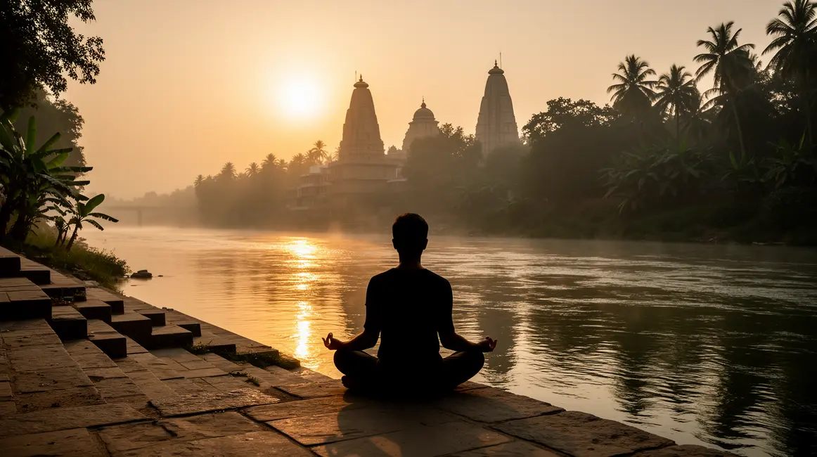 yoga en inde silhouette au bord du fleuve au lever du soleil