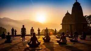 groupe faisant du yoga devant temple montagne lever de soleil Inde