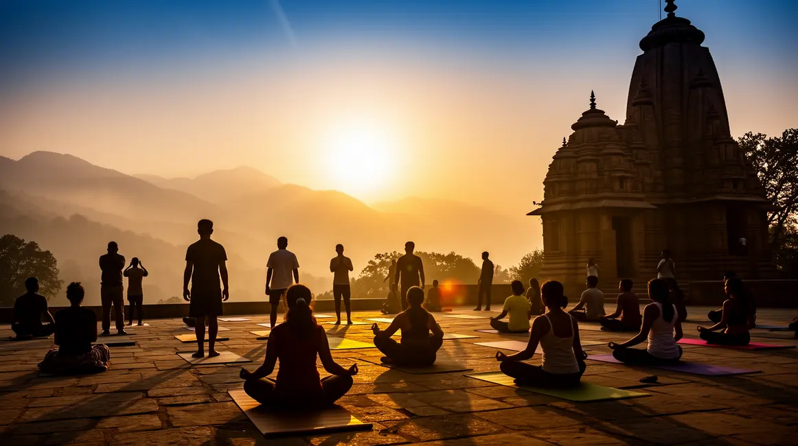 groupe faisant du yoga devant temple montagne lever de soleil Inde