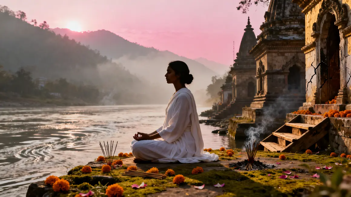 Silhouette méditation yoga Indien au bord Gange lever soleil