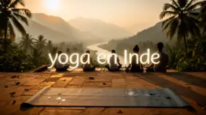 Scène de yoga en Inde sur terrasse avec montagnes et rivière