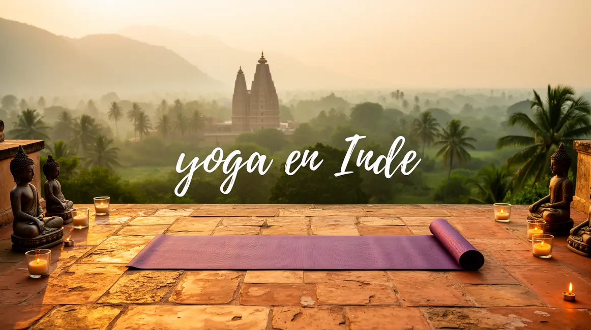 tapis yoga sur terrasse Inde vue temple palmiers montagnes chandelles