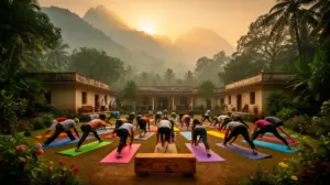 Vue panoramique yoga en Inde dans un ashram au lever du soleil