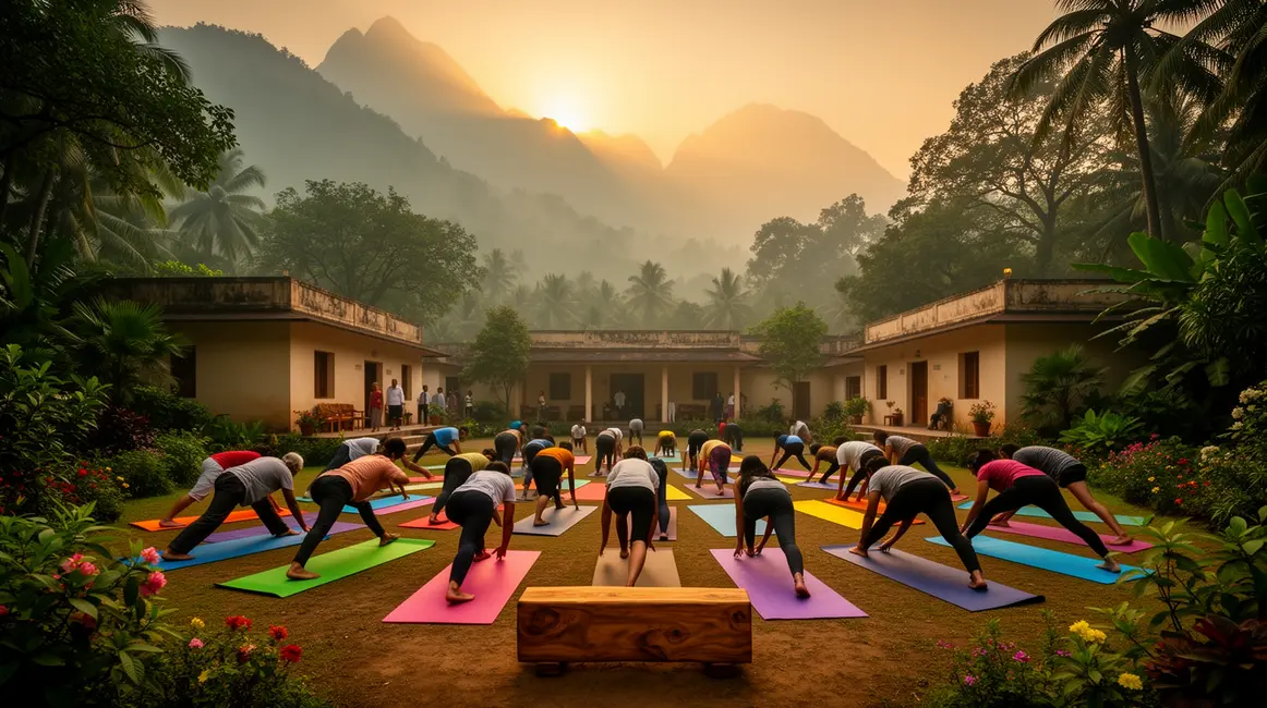 Vue panoramique yoga en Inde dans un ashram au lever du soleil