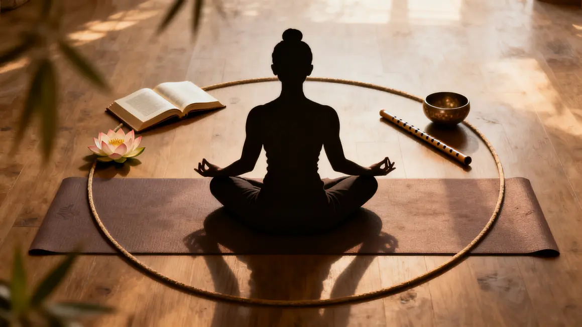 silhouette yoga spiritualite cercle objets lotus livre bol flute