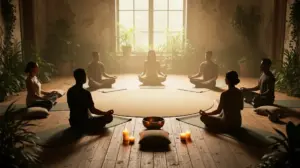 cercle yoga spiritualite silhouettes méditation ambiance naturelle
