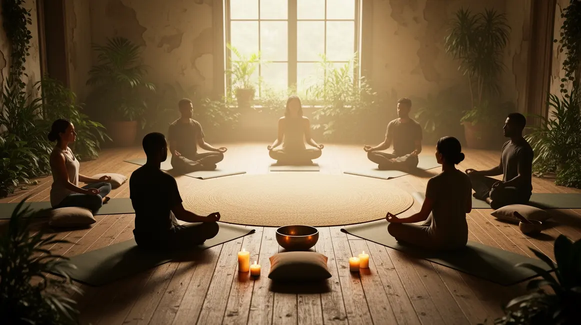 cercle yoga spiritualite silhouettes méditation ambiance naturelle