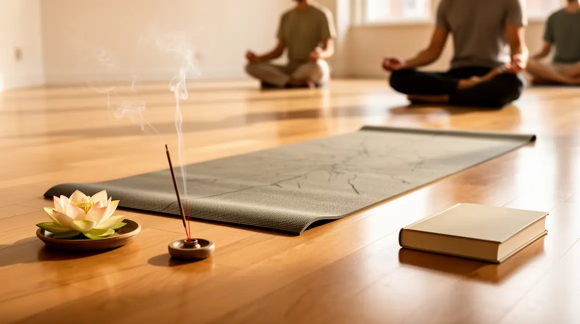 tapis yoga spiritualite silhouettes meditation objets lotus encens livre