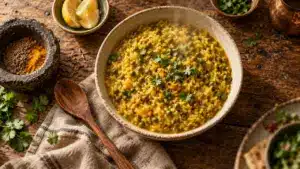Ayurveda alimentation : bol de kitchari fumant pour Vata Pitta Kapha