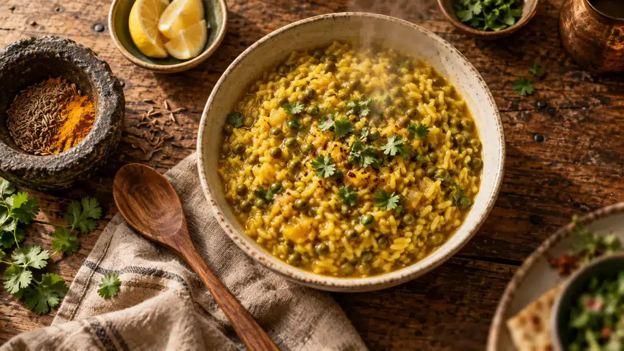 Ayurveda alimentation : bol de kitchari fumant pour Vata Pitta Kapha