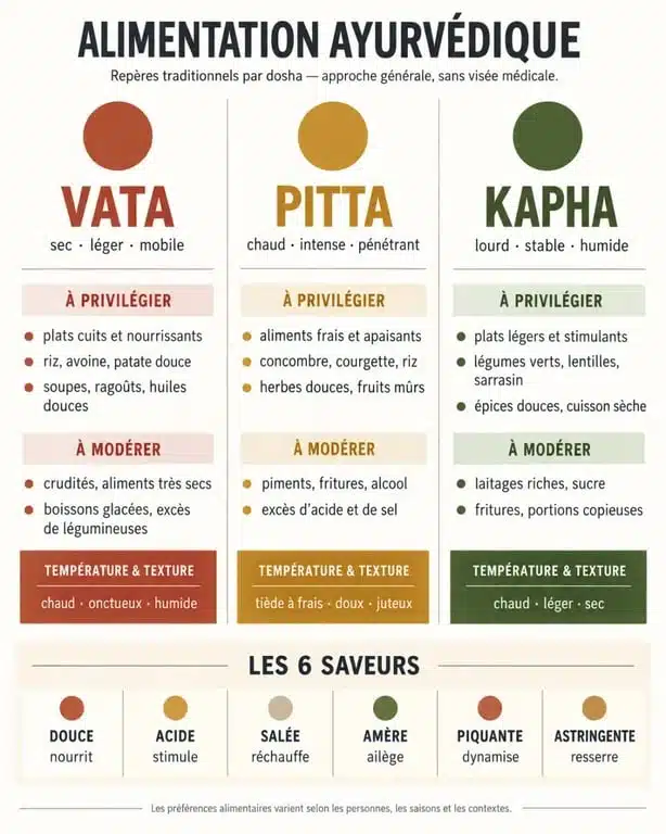Infographie sur l’alimentation ayurvédique et les profils Vata Pitta Kapha