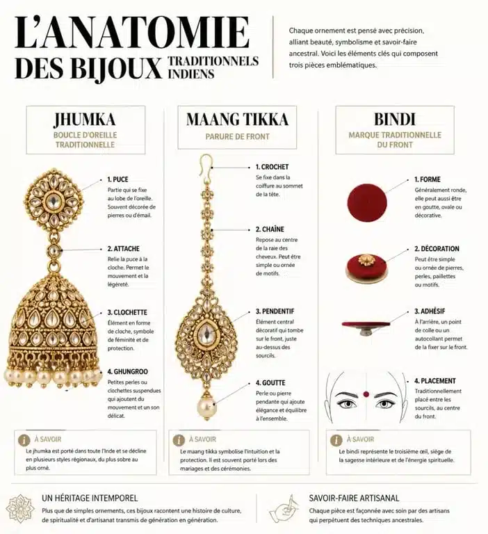 Guide visuel des différents types de bijoux indiens traditionnels : jhumka, maang tikka et bindi.