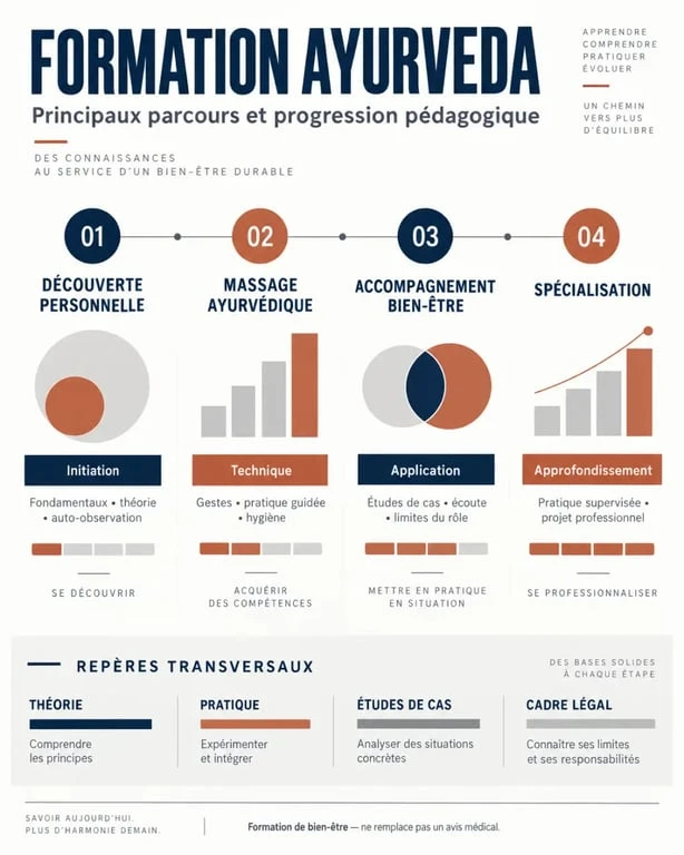 Infographie des parcours de formation ayurveda, du stage d’initiation à la pratique professionnelle
