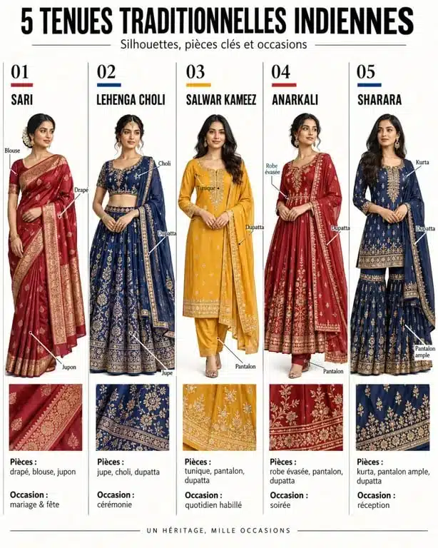 Infographie comparative des principales tenues traditionnelles indiennes : sari, lehenga choli, salwar kameez, anarkali et sharara